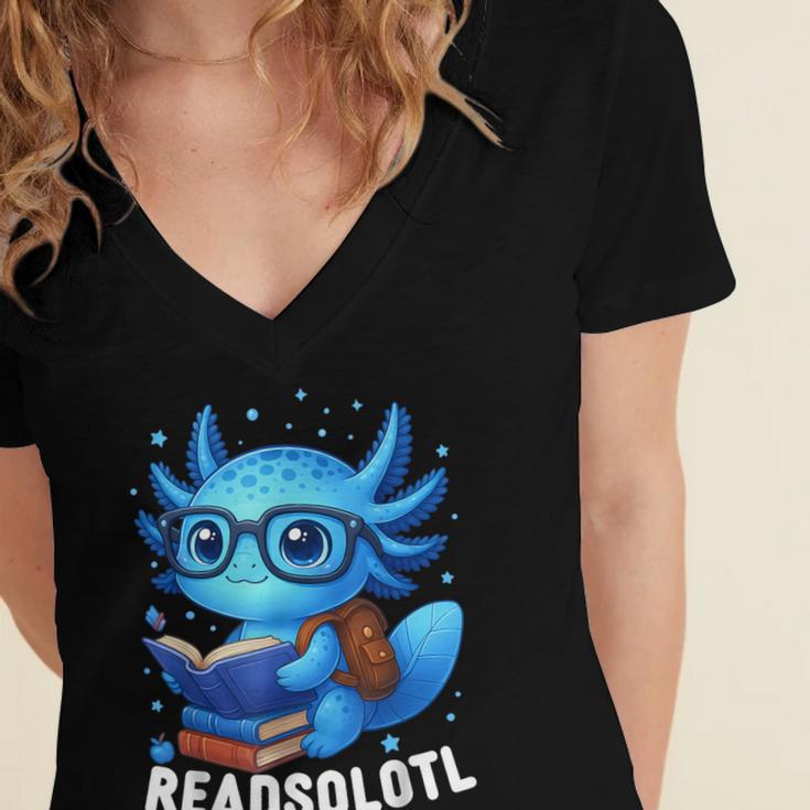 Readsolotl Blue Kawaii Axolotl Book Lover Reading Women's Jersey Short Sleeve Deep V-Neck Tshirt Readsolotl Blue Kawaii Axolotl Book Lover Reading Women's Jersey Short Sleeve Deep V-Neck Tshirt
