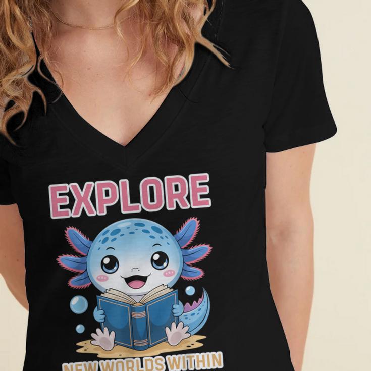 Readsolotl Kawaii Axolotl Book Lover Reading Women's Jersey Short Sleeve Deep V-Neck Tshirt