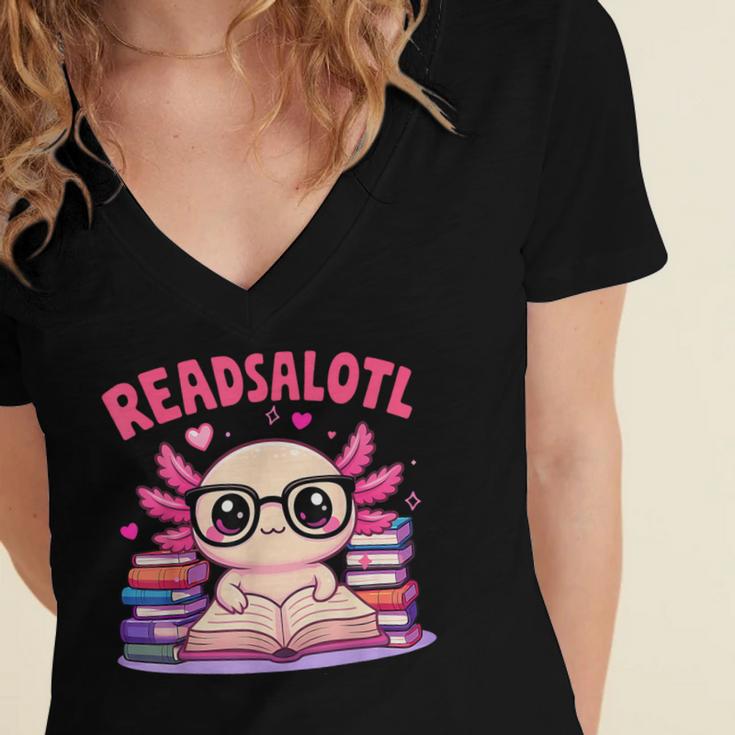 Readsolotl Pink Kawaii Axolotl Book Lover Reading Women's Jersey Short Sleeve Deep V-Neck Tshirt