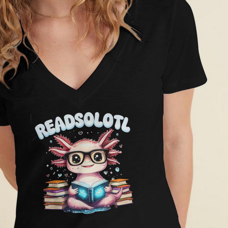 Readsolotl Pink Kawaii Axolotl Read Book Lover Reading Women's Jersey Short Sleeve Deep V-Neck Tshirt