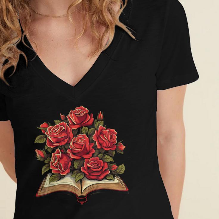 Red Roses Flowers Book Floral Women's Jersey Short Sleeve Deep V-Neck Tshirt