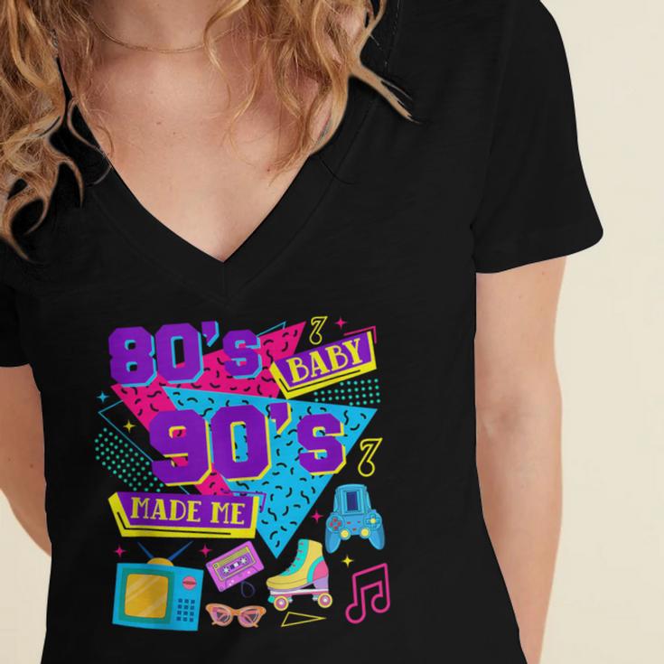 Retro 1980s 80's Baby 1990s 90's Made Me Nostalgia Birthday Women's Jersey Short Sleeve Deep V-Neck Tshirt