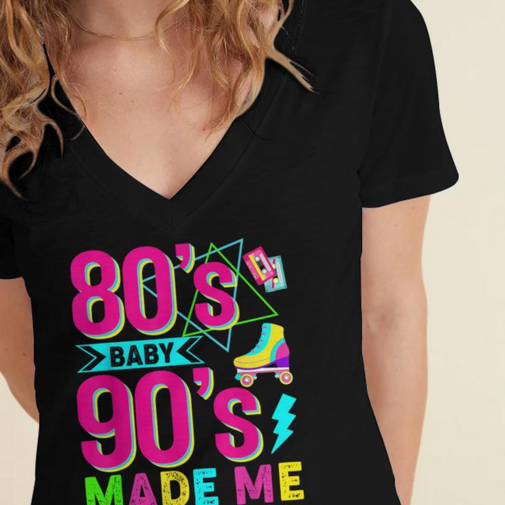 Retro 1980s 80's Baby 1990s 90's Made Me Nostalgia Vibes Women's Jersey Short Sleeve Deep V-Neck Tshirt
