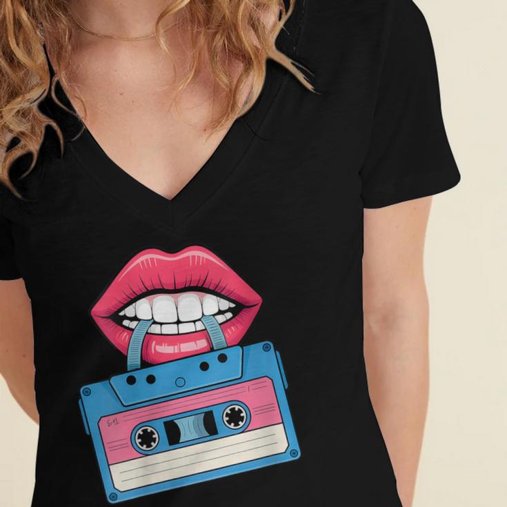 Retro 80s And 90s Cassette Perfect For Nostalgia Women's Jersey Short Sleeve Deep V-Neck Tshirt Retro 80s And 90s Cassette Perfect For Nostalgia Women's Jersey Short Sleeve Deep V-Neck Tshirt