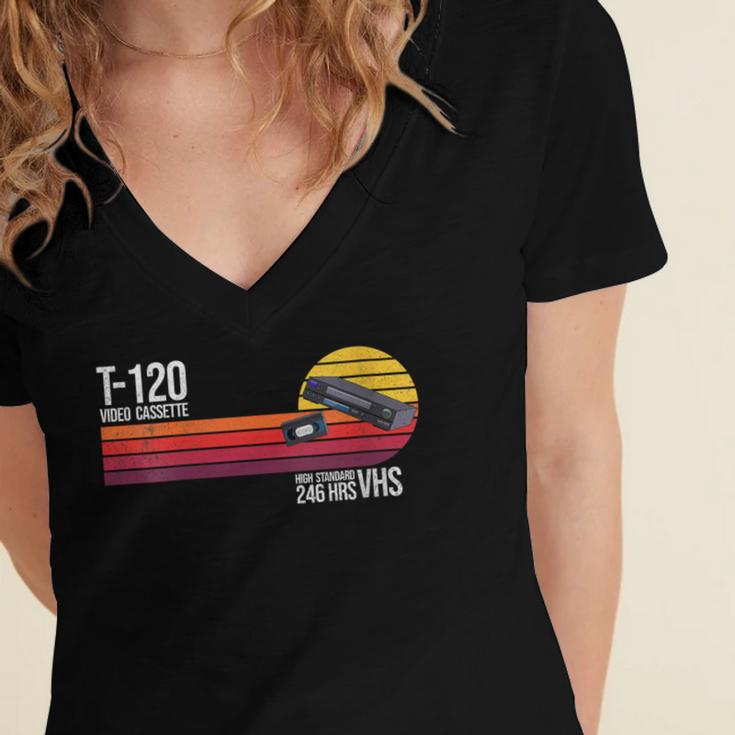 Retro 80's 90's Music Nostalgia Video Cassette Tape VHS Women's Jersey Short Sleeve Deep V-Neck Tshirt