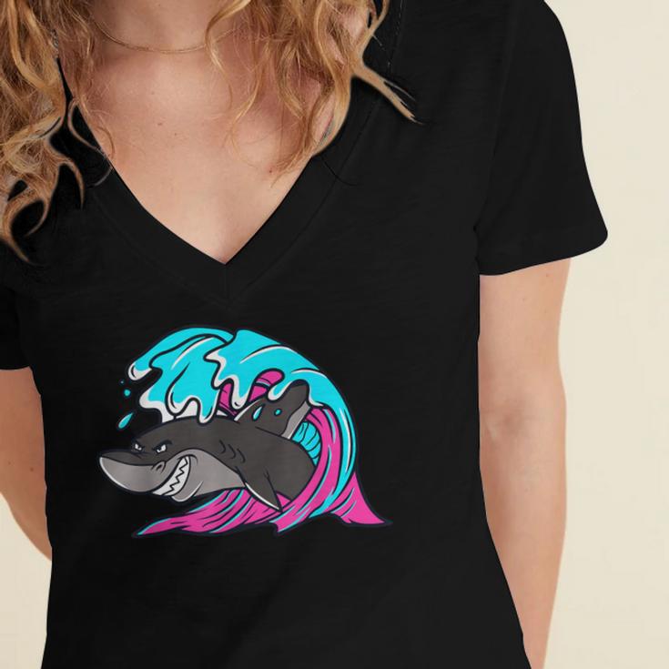 Retro 80s Shark Whale Diving Nostalgia Shark Party Women's Jersey Short Sleeve Deep V-Neck Tshirt Retro 80s Shark Whale Diving Nostalgia Shark Party Women's Jersey Short Sleeve Deep V-Neck Tshirt
