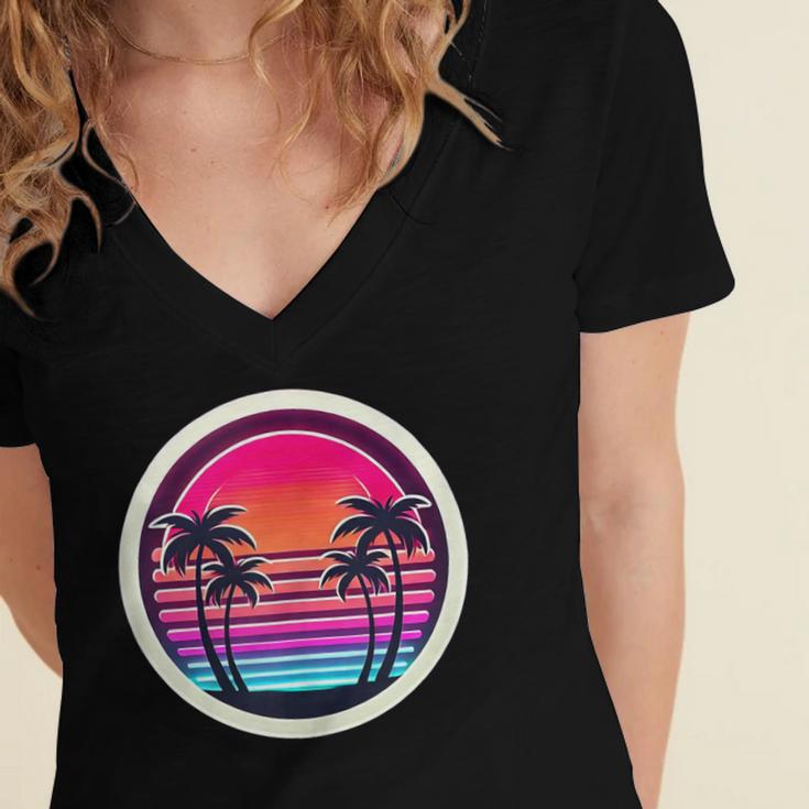 Retro 80s Synthwave Sunset & Palm Trees Retro Nostalgia 80s Women's Jersey Short Sleeve Deep V-Neck Tshirt Retro 80s Synthwave Sunset & Palm Trees Retro Nostalgia 80s Women's Jersey Short Sleeve Deep V-Neck Tshirt
