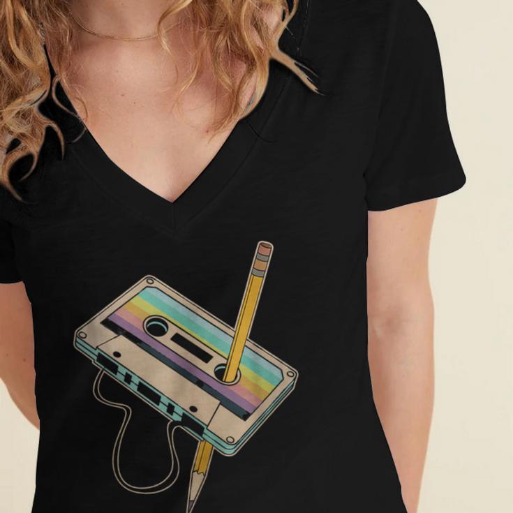 Retro Cassette And Pencil 80s 90s Nostalgia Music Lover Women's Jersey Short Sleeve Deep V-Neck Tshirt