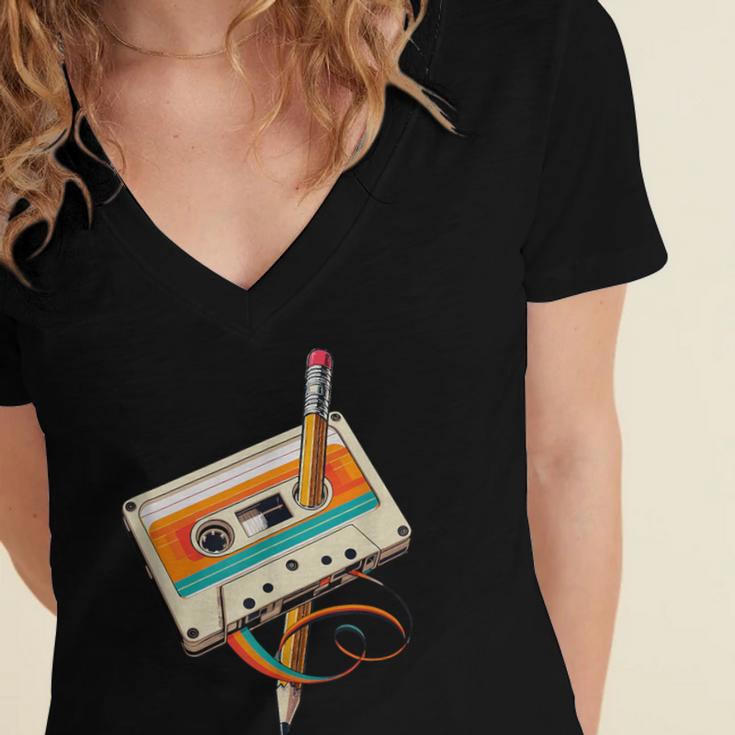Retro Cassette Tape & Pencil Rewind Nostalgia Party 80s 90s Women's Jersey Short Sleeve Deep V-Neck Tshirt