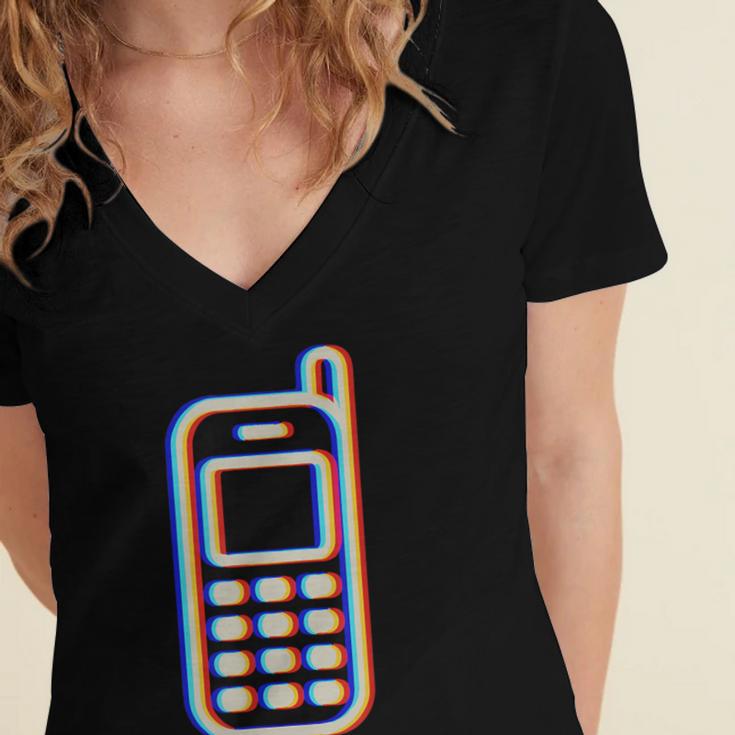 Retro Cell Vintage Mobile Phone 90s Nostalgia Vaporwave Fun Women's Jersey Short Sleeve Deep V-Neck Tshirt