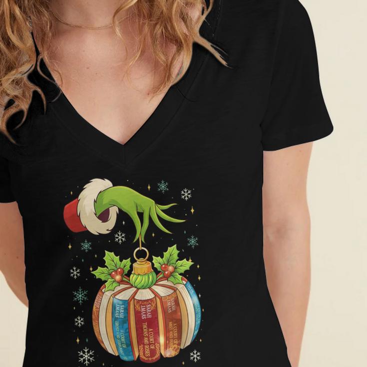 Retro Christmas Ornament Book Christmas Teacher Librarian Women's Jersey Short Sleeve Deep V-Neck Tshirt