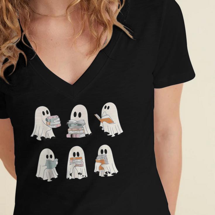 Retro Ghost Reading Books Halloween Bookish Ghost Bookworm Women's Jersey Short Sleeve Deep V-Neck Tshirt Retro Ghost Reading Books Halloween Bookish Ghost Bookworm Women's Jersey Short Sleeve Deep V-Neck Tshirt