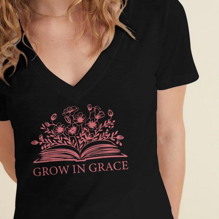 Retro Grow In Grace Wildflower Book Christian Bible Verse Women's Jersey Short Sleeve Deep V-Neck Tshirt Retro Grow In Grace Wildflower Book Christian Bible Verse Women's Jersey Short Sleeve Deep V-Neck Tshirt