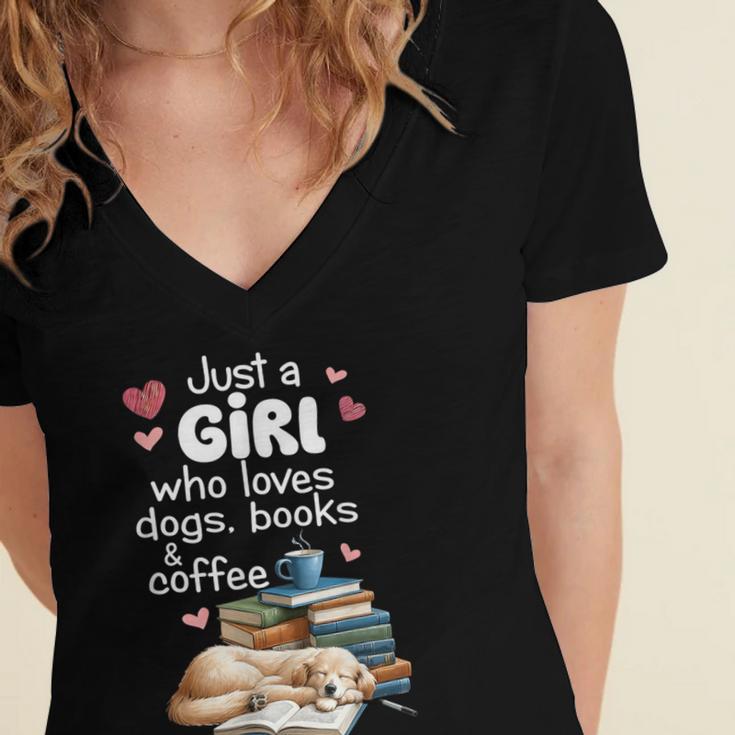 Retro Just A Girl Who Love Dogs Books And Coffee Bookworm Women's Jersey Short Sleeve Deep V-Neck Tshirt Retro Just A Girl Who Love Dogs Books And Coffee Bookworm Women's Jersey Short Sleeve Deep V-Neck Tshirt