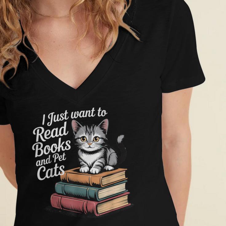 Retro I Just Want To Read Books And Pet Cats Cat For Men Women Kids Women's Jersey Short Sleeve Deep V-Neck Tshirt