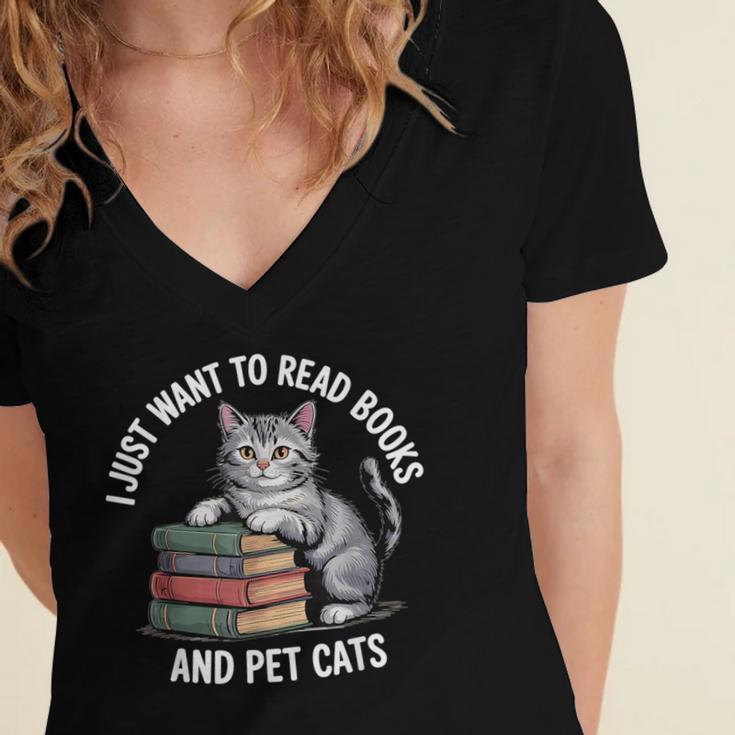 Retro I Just Want To Read Books And Pet Cats Women's Jersey Short Sleeve Deep V-Neck Tshirt