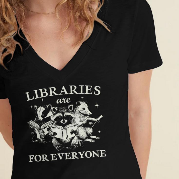Retro Libraries Are For Everyone Racoon Reading Book Lover Women's Jersey Short Sleeve Deep V-Neck Tshirt