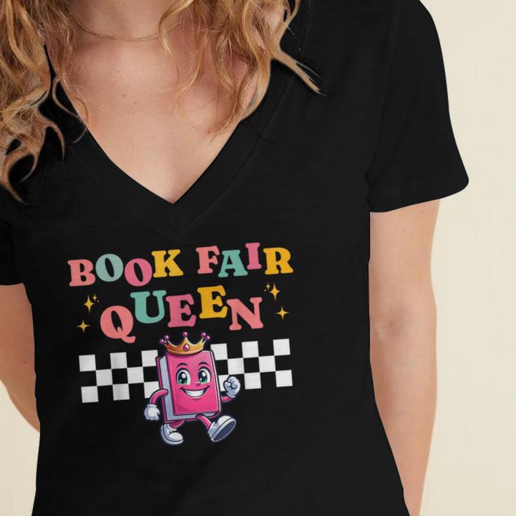 Retro Library Book Fair Queen School Reading Girls Women's Women's Jersey Short Sleeve Deep V-Neck Tshirt