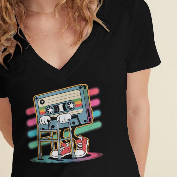 Retro Old Cassette Tape Cartoon With Walker Nostalgia Women's Jersey Short Sleeve Deep V-Neck Tshirt Retro Old Cassette Tape Cartoon With Walker Nostalgia Women's Jersey Short Sleeve Deep V-Neck Tshirt