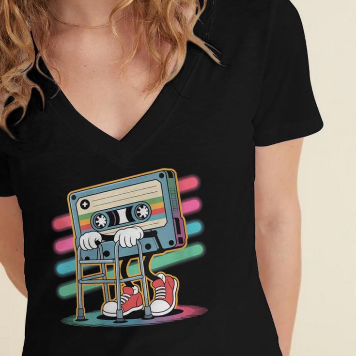 Retro Old Cassette Tape Cartoon With Walker Nostalgia Women's Jersey Short Sleeve Deep V-Neck Tshirt