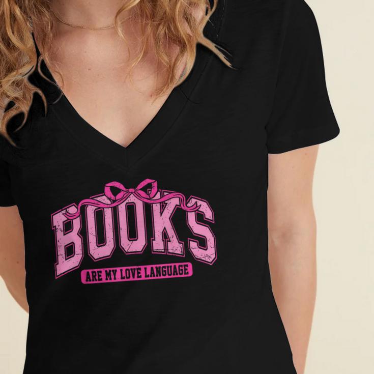 Retro Pink Coquette Bow Valentine Book Lover Varsity Women's Jersey Short Sleeve Deep V-Neck Tshirt