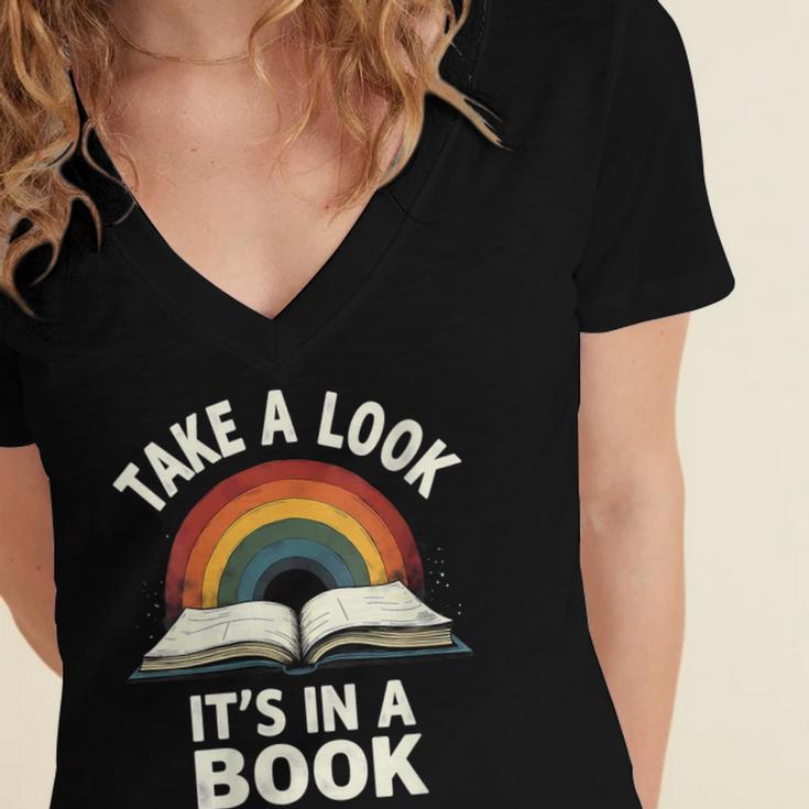 Retro Rainbow Take A Look It's In A Book Reading Women's Jersey Short Sleeve Deep V-Neck Tshirt Retro Rainbow Take A Look It's In A Book Reading Women's Jersey Short Sleeve Deep V-Neck Tshirt