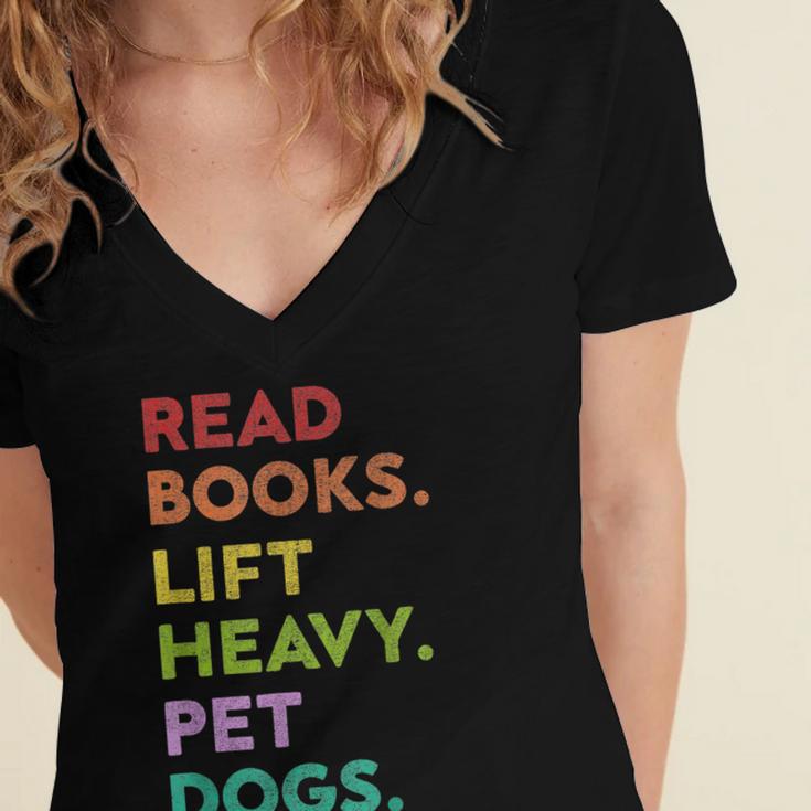 Retro Read Books Lift Heavy Pet Dogs Gym Book Lover Women's Jersey Short Sleeve Deep V-Neck Tshirt