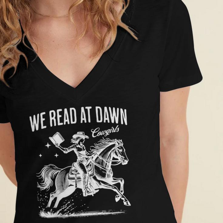 Retro We Read At Dawn Cowgirl Western Librarian Book Lover Women's Jersey Short Sleeve Deep V-Neck Tshirt Retro We Read At Dawn Cowgirl Western Librarian Book Lover Women's Jersey Short Sleeve Deep V-Neck Tshirt
