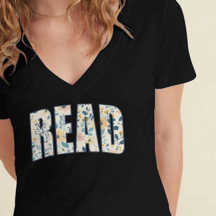 Retro Read Floral Reading Bookworm Librarian Book Lover Women's Jersey Short Sleeve Deep V-Neck Tshirt Retro Read Floral Reading Bookworm Librarian Book Lover Women's Jersey Short Sleeve Deep V-Neck Tshirt
