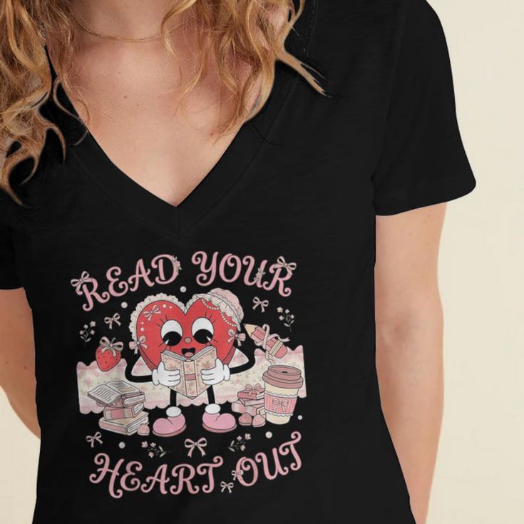 Retro Read Your Heart Out Valentine’s Day Teacher Book Lover Women's Jersey Short Sleeve Deep V-Neck Tshirt