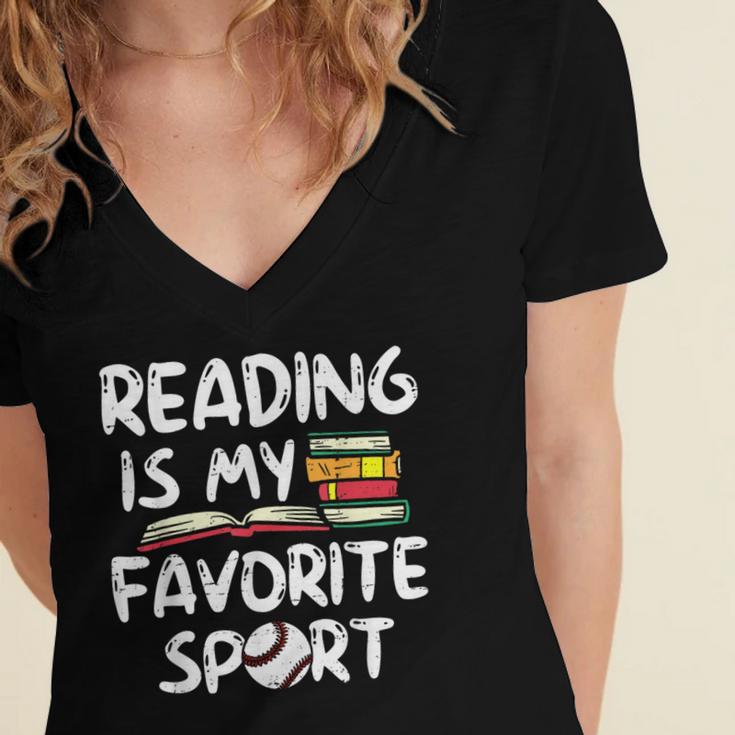 Retro Reading Is My Favorite Sport Baseball World Book Day Women's Jersey Short Sleeve Deep V-Neck Tshirt