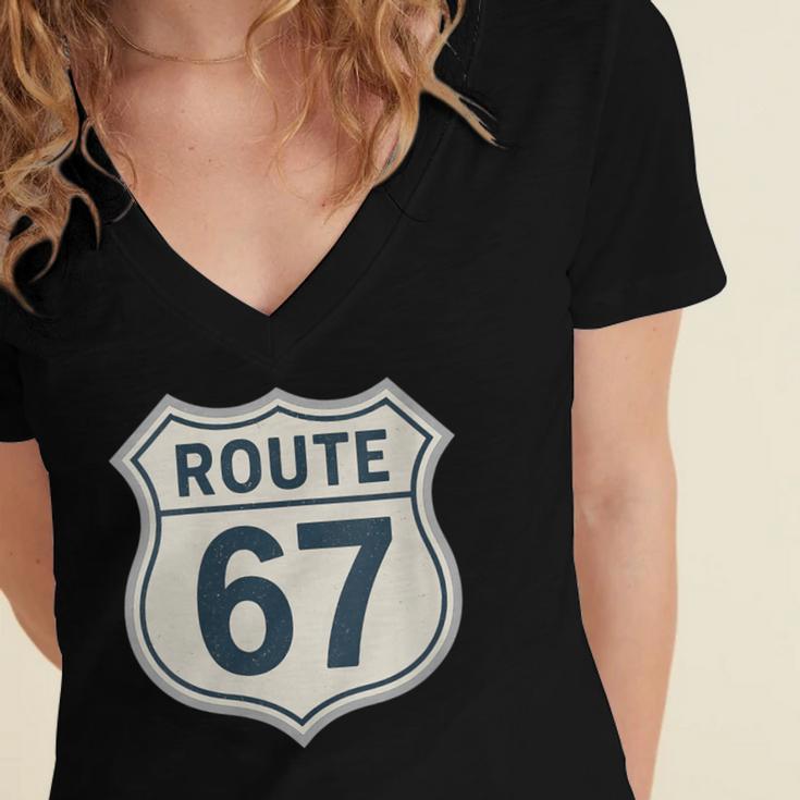 Retro Route 67 Highway Sign Vintage Road Nostalgia Women's Jersey Short Sleeve Deep V-Neck Tshirt