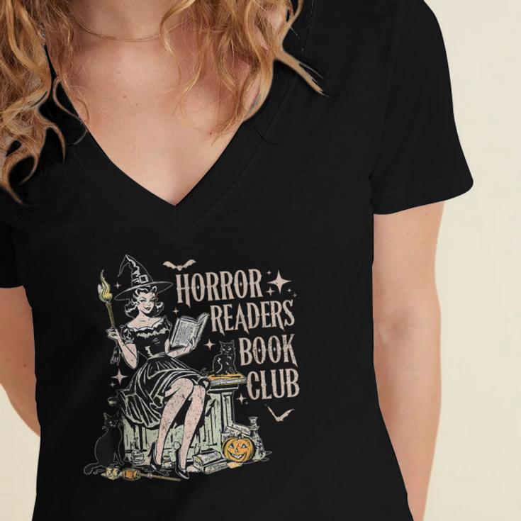 Retro Scary Horror Readers Book Club Spooky Halloween Women's Jersey Short Sleeve Deep V-Neck Tshirt