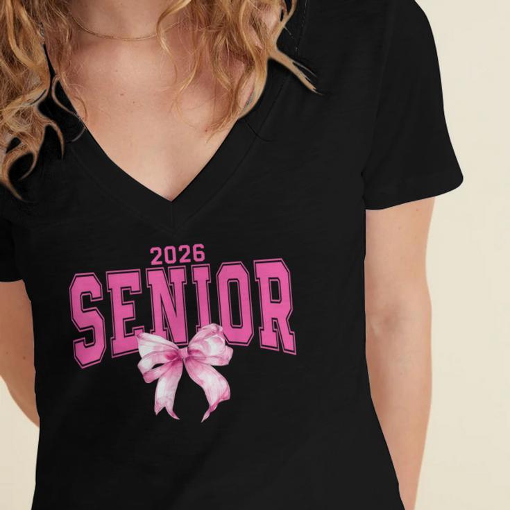 Retro Senior 2026 Class Of 2026 Coquette Pink Bow Graduation Women's Jersey Short Sleeve Deep V-Neck Tshirt