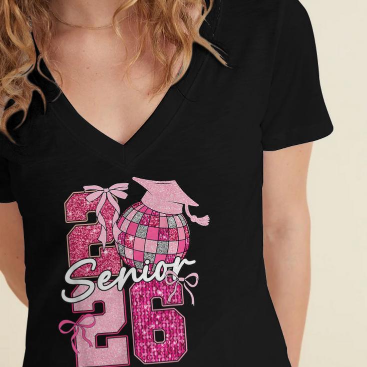 Retro Senior 2026 Coquette Bow Graduation Class Of 2026 Women's Jersey Short Sleeve Deep V-Neck Tshirt