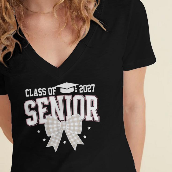 Retro Senior 2027 Girl Coquette Bow Class Of 2027 Graduation Women's Jersey Short Sleeve Deep V-Neck Tshirt