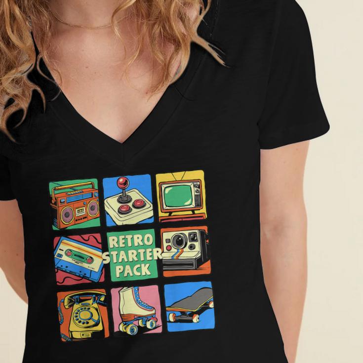 Retro Starter Pack 80s 90s Vintage Nostalgia Cassette Tape Women's Jersey Short Sleeve Deep V-Neck Tshirt