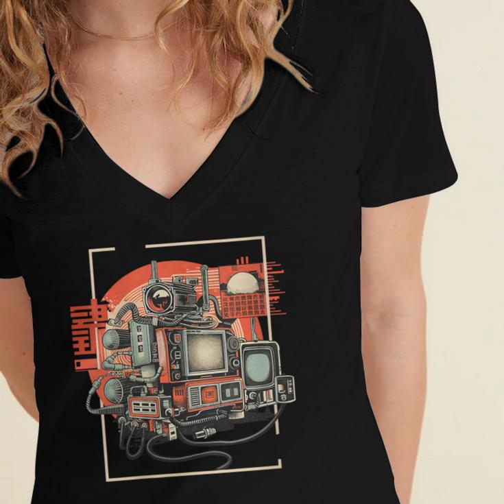 Retro Tech Stack 80s 90s Nostalgia Analog TV Cameras Women's Jersey Short Sleeve Deep V-Neck Tshirt Retro Tech Stack 80s 90s Nostalgia Analog TV Cameras Women's Jersey Short Sleeve Deep V-Neck Tshirt