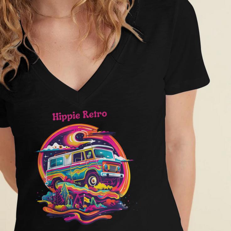 Retro Graphic Print With a Touch Of Nostalgia Women's Jersey Short Sleeve Deep V-Neck Tshirt
