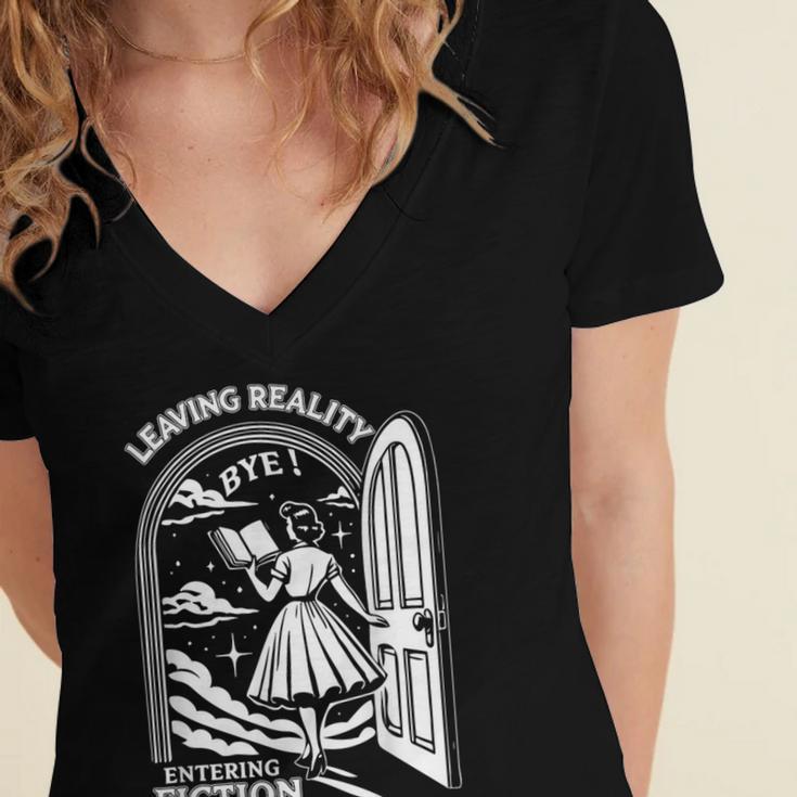 Retro Trendy Bookish Book Lover Reading Quotes Leaving Reality Entering Fiction -Adults Small Short Sleeve T-Shirt Women's Jersey Short Sleeve Deep V-Neck Tshirt
