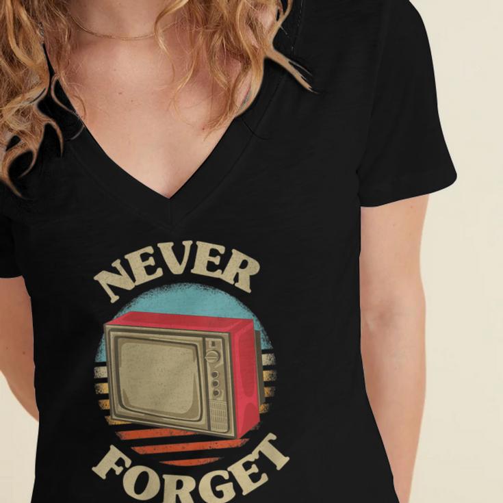 Retro TV Never Forget Nostalgia Vintage Women's Jersey Short Sleeve Deep V-Neck Tshirt