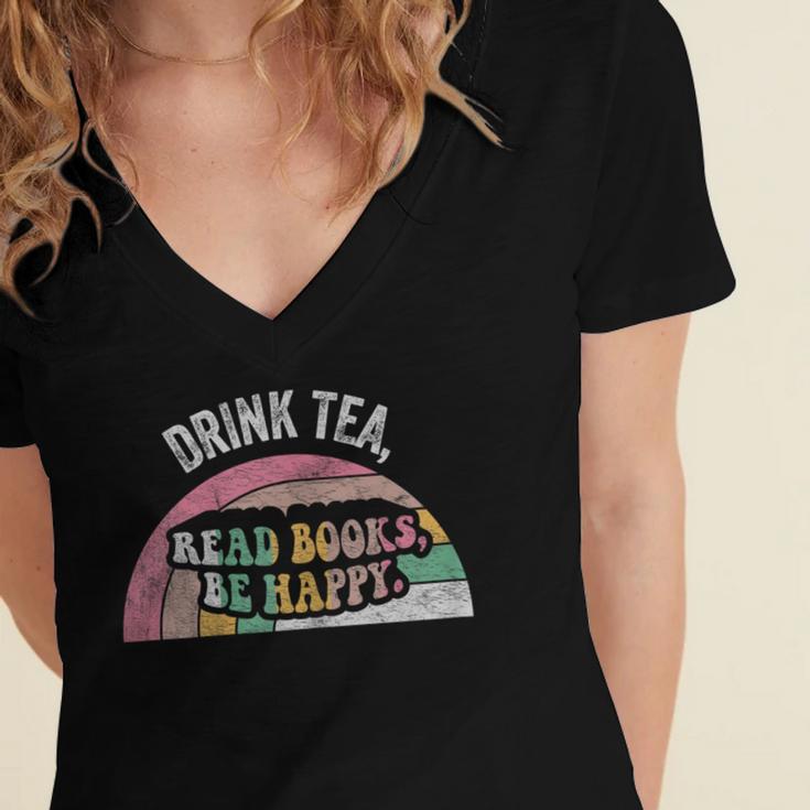 Retro Vintage Drink Tea Read Books Be Happy Reading Women's Jersey Short Sleeve Deep V-Neck Tshirt