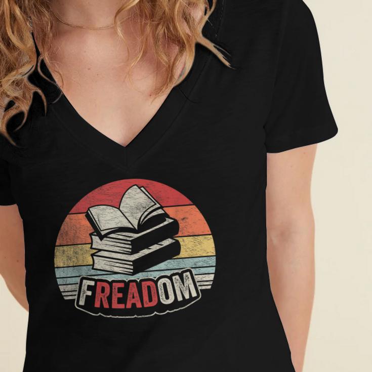 Retro Vintage FREADom Anti Ban Books Freedom To Read Women's Jersey Short Sleeve Deep V-Neck Tshirt Retro Vintage FREADom Anti Ban Books Freedom To Read Women's Jersey Short Sleeve Deep V-Neck Tshirt