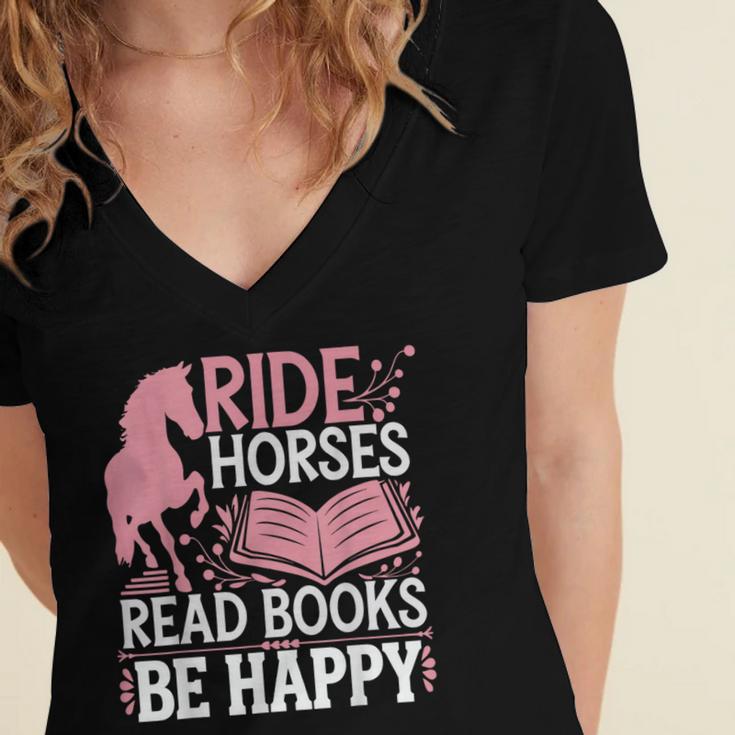 Ride Horses Read Books Be Happy Women's Jersey Short Sleeve Deep V-Neck Tshirt