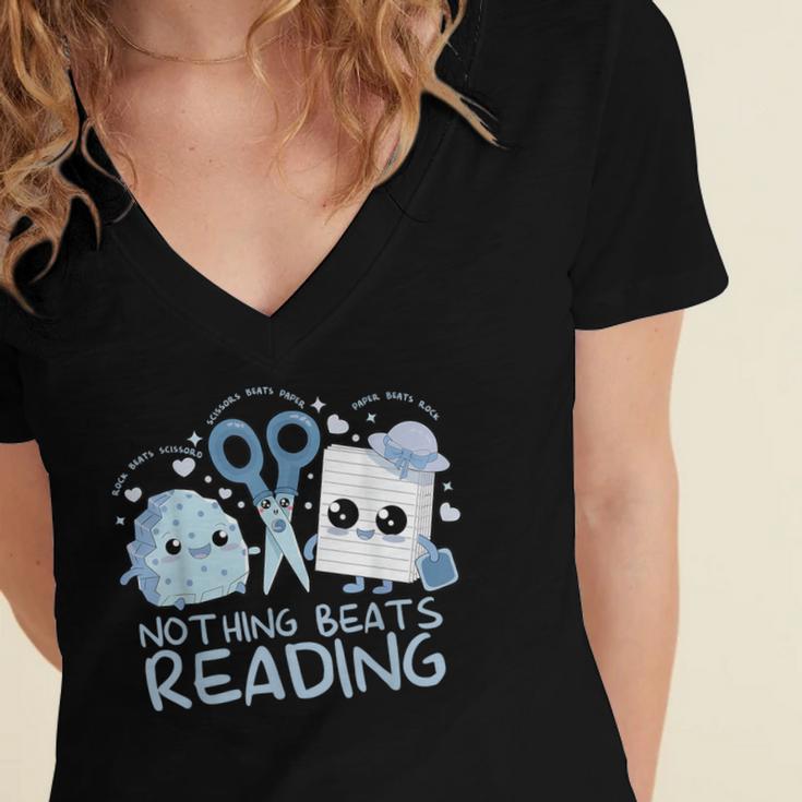 Rock Paper Scissors Nothing Beats Reading Book Lover Women's Jersey Short Sleeve Deep V-Neck Tshirt
