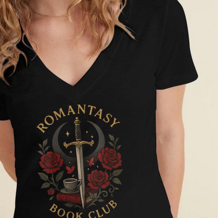 Romantasy Book Club Coffee Sword Roses Women's Jersey Short Sleeve Deep V-Neck Tshirt