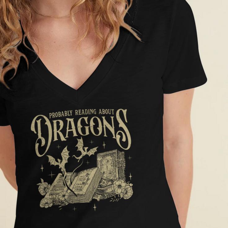 Romantasy Reader Book Reading Probably Reading About Dragons Women's Jersey Short Sleeve Deep V-Neck Tshirt