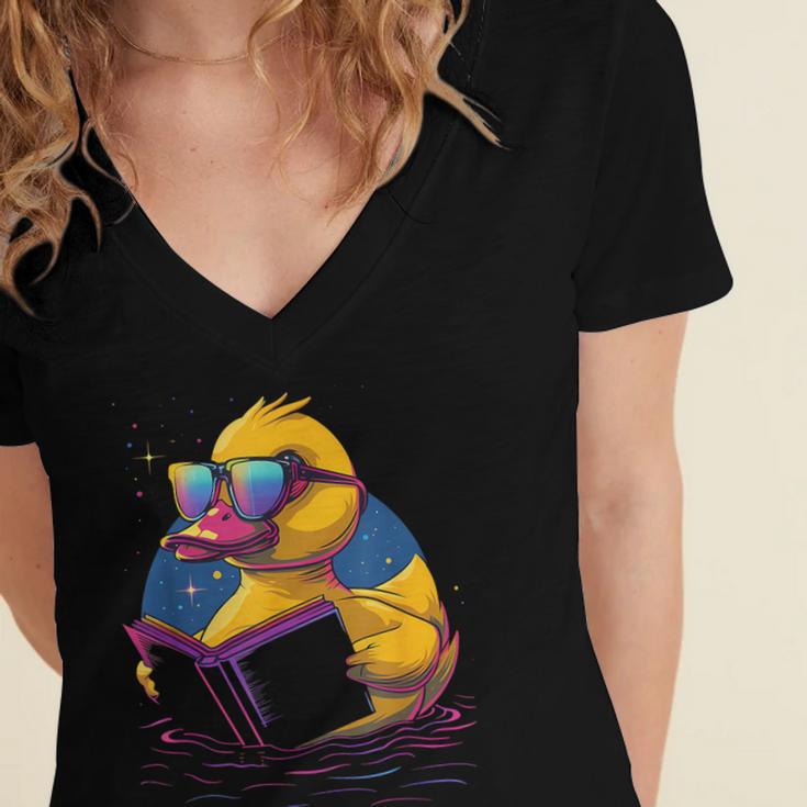 Rubber Duck Rubber Duckie Reading Book Rubber Duckling Women's Jersey Short Sleeve Deep V-Neck Tshirt