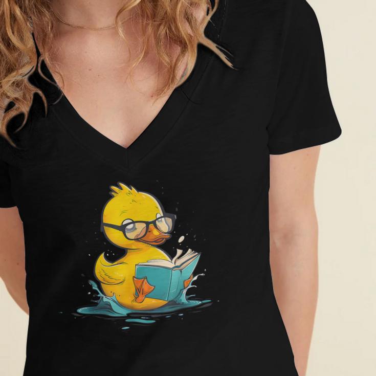 Rubber Duck Reading Book Reader Books Rubber Duckie Women's Jersey Short Sleeve Deep V-Neck Tshirt