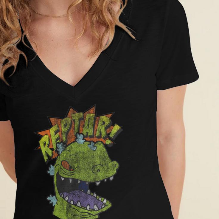 Rugrats Reptar Distressed Comic Book Style Cartoon Women's Jersey Short Sleeve Deep V-Neck Tshirt